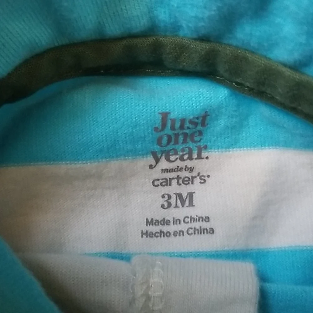 Just one year blue white stripe collared shirt/green short set 3 mo